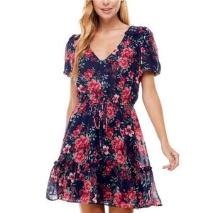Crystal Doll Women's Floral Print Fit & Flare Pouf Sleeve V-Neck Dress Navy S